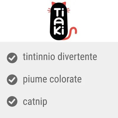 Tiaki. Tintinnio divertente, piume colorate, catnip.