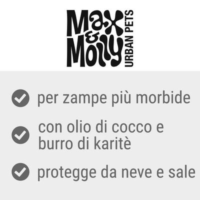 Max & Molly Urban Pets. Per zampe più morbide, con olio di cocco e burro di karitè, protegge da neve e sale.