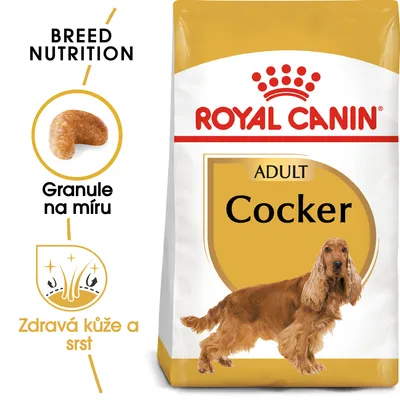 Balení Royal Canin Adult Cocker, obrázek granule na míru, text: Granule na míru, Zdravá kůže a srst, BREED NUTRITION, pes plemene kokršpaněl. Balení Royal Canin Adult Cocker, obrázek granule na míru, text: Granule na míru, Zdravá kůže a srst, BREED NUTRITION, pes plemene kokršpaněl.