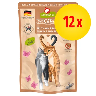 GranataPet DeliCATessen Truthahn & Fasan, 12×. Vyobrazení dvou koček, nápisy: Paté, Ohne Getreide grain free, Ohne Tierversuche no animal testing, Hergestellt in Deutschland Made in Germany. GranataPet DeliCATessen Truthahn & Fasan, 12×. Vyobrazení dvou koček, nápisy: Paté, Ohne Getreide grain free, Ohne Tierversuche no animal testing, Hergestellt in Deutschland Made in Germany.