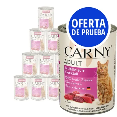 Latas de comida para gatos Animonda Carny Adult Multifleich-Cocktail. Texto visible: 'OFERTA DE PRUEBA', '100% frische Zutaten, Ohne Getreide, Made in Germany'. Imagen de un gato y trozos de carne.