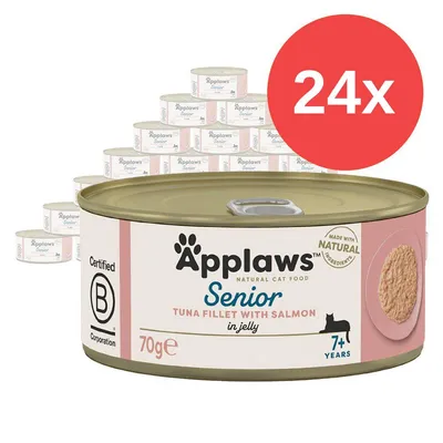 Applaws Senior Natural Cat Food, Tuna Fillet with Salmon in Jelly, 70 g, balení 24×. Text: Certified B Corporation, Made with Natural Ingredients, 7+ Years.