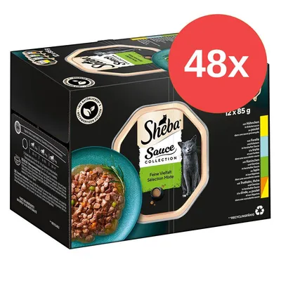 Sheba Sauce Collection Feine Vielfalt Sélection Mixte, balení 48×85 g. Viditelná miska s kousky masa v omáčce, obrázek kočky, recyklační symbol.
