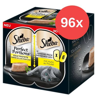 Sheba Perfect Portions Edle Pastete mit Huhn au Poulet, 96x6 porcí, balení s obrázkem kočky a paštiky na talíři. Viditelné texty v němčině a francouzštině.