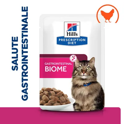 Hill's Prescription Diet Gastrointestinal Biome per gatti, busta con crocchette in ciotola, scritta 'Salute gastrointestinale', simbolo pollo arancione in alto a destra.