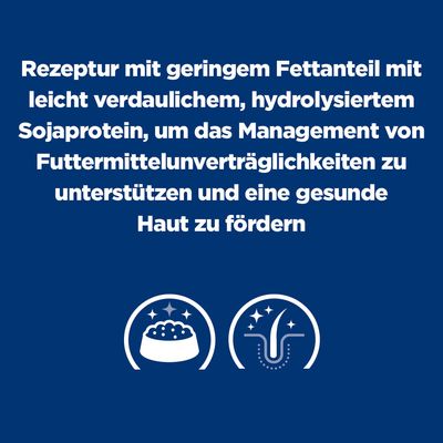 Texte en allemand : Rezeptur mit geringem Fettanteil mit leicht verdaulichem, hydrolysiertem Sojaprotein... gesunde Haut zu fördern. Deux icônes : gamelle et poil brillant.