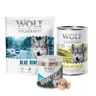 Wolf of Wilderness Green, oferta de prueba. Paquete y latas con texto 100% grain-free recipe, lots of fresh chicken with fruits of the forest, roots and wild herbs.