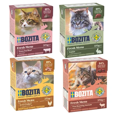 Cztery opakowania Bozita Fresh Menu 370 g: Grass-Fed Beef, Rabbit, Extra Chicken, Free Roaming Venison. Widoczne zdjęcia kotów i informacje o zawartości mięsa 84–89%.