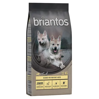 Briantos Junior, 12 kg, s kuřetem a bramborem, bezobilná receptura, poloměkké granule, vyrobeno v Německu.