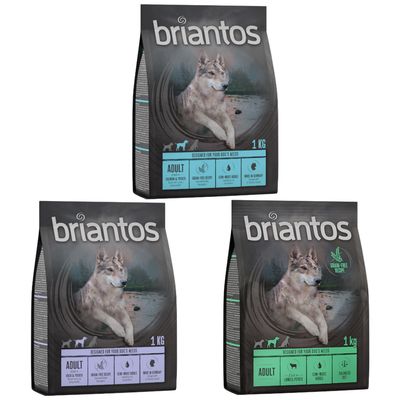 Briantos Adult Trockenfutter, Sorten Lachs & Kartoffel und Ente & Kartoffel. Getreidefreie Rezeptur, halbfeuchte Kroketten, hergestellt in Deutschland. Jetzt testen.