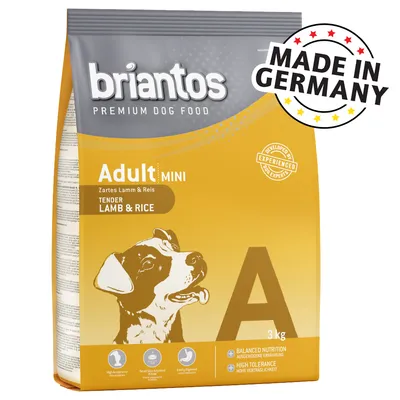 briantos PREMIUM DOG FOOD Adult Mini Tender Lamb & Rice, 3 kg. MADE IN GERMANY. Vyvážená výživa, vysoká snášenlivost, malá velikost granulí, snadno stravitelné.