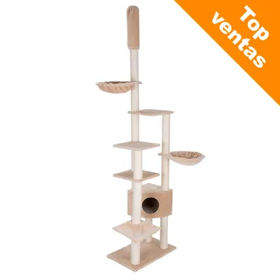 Rascador para gatos de varios niveles con plataformas, dos camas redondas y una caseta. Esquina superior derecha: texto 'Top ventas' en fondo naranja.