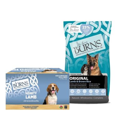 Burns Original Chicken & Brown Rice. Hypoallergenic, easily digestible, ideal for sensitive dogs. Developed by veterinarian John Burns. 25% of profits support community projects.