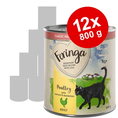 Feringa Poultry with carrots & dandelion ADULT, 12 x 800 g dåser kattemad. Tekst: HOMEMADE TASTE BEGINS WITH LOVE, CLASSIC MEAT MENU. Billede af sort kat og grøn hane.