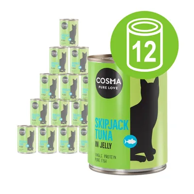 12 burkar Cosma Pure Love Skipjack Tuna in Jelly, grön förpackning med svart katt och texten SINGLE PROTEIN PURE FISH synlig på etiketten.