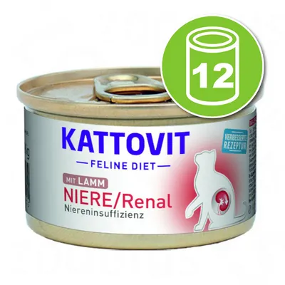Kattovit Feline Diet NIERE/Renal mit Lamm, boîte pour chat, texte en allemand. Lot de 12 boîtes indiqué par une icône verte avec le chiffre 12. Kattovit Feline Diet NIERE/Renal mit Lamm, boîte pour chat, texte en allemand. Lot de 12 boîtes indiqué par une icône verte avec le chiffre 12.