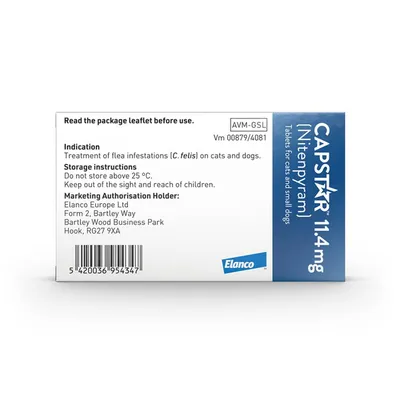 Capstar 11.4 mg tablets for cats and small dogs. Used for treatment of flea infestations. Do not store above 25°C. Keep out of reach of children. Read leaflet before use.