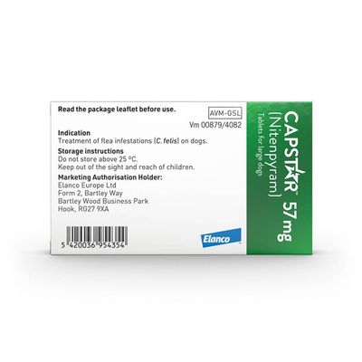 Capstar 57 mg tablets for large dogs. Indication: treatment of flea infestations on dogs. Storage: do not store above 25°C, keep out of reach of children. Read package leaflet before use.
