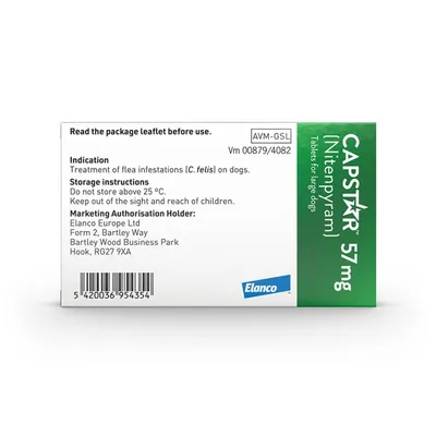 Capstar 57 mg tablets for large dogs. Indication: treatment of flea infestations on dogs. Storage: do not store above 25°C, keep out of reach of children. Read package leaflet before use.
