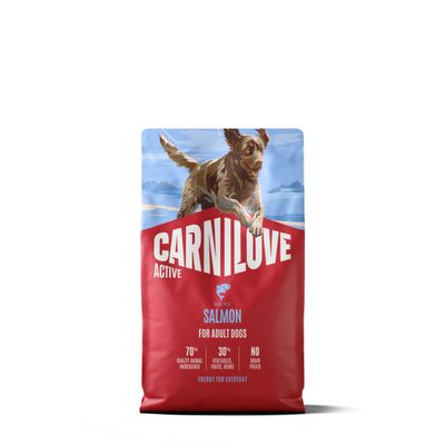 Carnilove Actif Saumon et Dinde pour Petites Races, 75 % d'ingrédients d'origine animale, 25 % de légumes, sans céréales ni pommes de terre, énergie pour chaque jour.