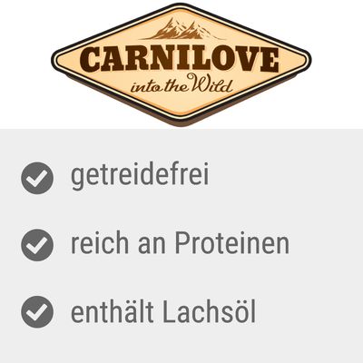 Carnilove into the Wild. Texto em alemão: getreidefrei, reich an Proteinen, enthält Lachsöl.