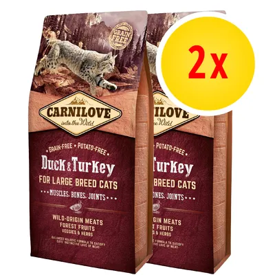 Lot de 2 sacs Carnilove Duck & Turkey for Large Breed Cats, sans céréales ni pommes de terre, visible : muscles, os, articulations, viandes d’origine sauvage, fruits, légumes et herbes.