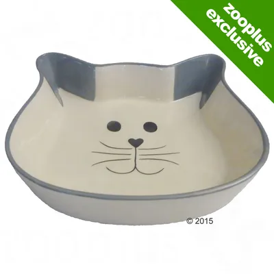 Ceramic bowl shaped like a cat’s head with painted cat face, grey rim and ears. zooplus exclusive text in green corner. ©2015 visible.