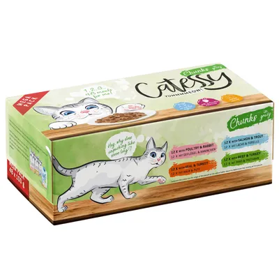 Catessy Chunks in Gravy Mega Pack, 48x100g. Varieties: poultry & rabbit, veal & turkey, salmon & trout, beef & turkey. Illustration of a cat and food bowl.