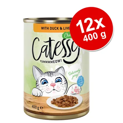 Konzerva Catessy with duck & liver, 400 g, balení 12×400 g, ilustrace kočky, nápisy YUMMMMEOW!, Deliciously juicy!, no added sugar.