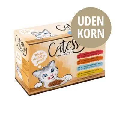 Catessy YUMMMMEOW! kattemad, UDEN KORN. 3x med oksekød i tomatgelé, 3x med and i gulerodsgelé, 3x med laks i spinatgelé, 3x med kylling i æggegelé. Makes me feel so good!