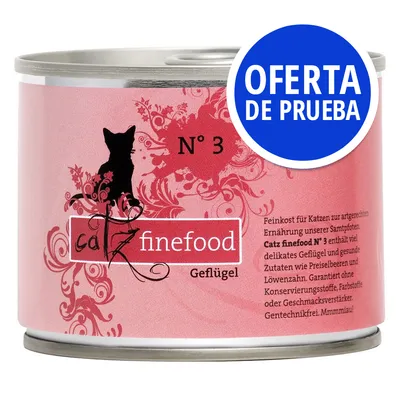 Lata de comida para gatos Catz finefood Nº 3 Geflügel con texto 'OFERTA DE PRUEBA' en círculo azul. Etiqueta incluye información sobre ingredientes y características en alemán.