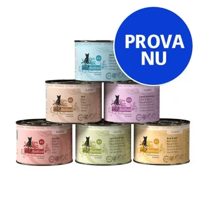 Sex burkar catz finefood våtfoder för katt i olika färger. Stor blå cirkel med vit text: PROVA NU.