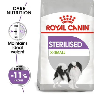 ROYAL CANIN STERILISED X-SMALL dog food pack, Care Nutrition, Maintains ideal weight, Proven results -11% calories, image of small black and white dog