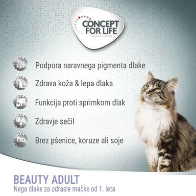 CONCEPT FOR LIFE. Podpora naravnega pigmenta dlake, zdrava koža & lepa dlaka, funkcija proti sprimkom dlak, zdravje sečil, brez pšenice, koruze ali soje. BEAUTY ADULT za odrasle mačke.