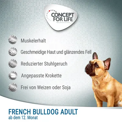CONCEPT FOR LIFE, French Bulldog Adult ab dem 12. Monat. Tekstit: Muskelerhalt, Geschmeidige Haut und glänzendes Fell, Reduzierter Stuhlgeruch, Angepasste Krokette, Frei von Weizen oder Soja.
