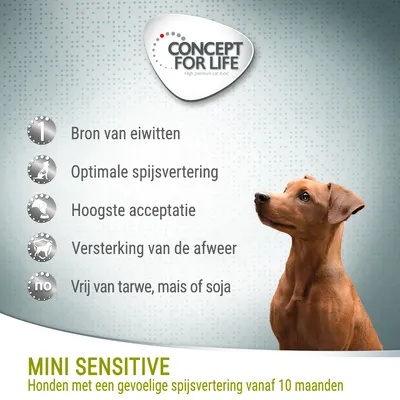Concept for Life Mini Sensitive: bron van eiwitten, optimale spijsvertering, hoogste acceptatie, versterking van de afweer, vrij van tarwe, mais of soja. Voor honden vanaf 10 maanden.