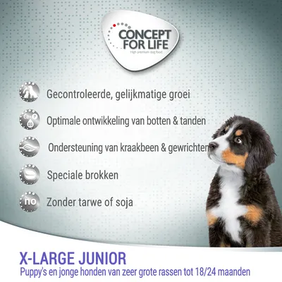 CONCEPT FOR LIFE X-LARGE JUNIOR: gecontroleerde groei, optimale bot- en tandontwikkeling, ondersteuning van kraakbeen en gewrichten, speciale brokken, zonder tarwe of soja. Voor puppy's/zeer grote rassen tot 18/24 maanden.