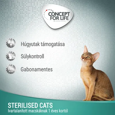 CONCEPT FOR LIFE. Húgyutak támogatása, súlykontroll, gabonamentes. STERILISED CATS ivartalanított macskáknak 1 éves kortól.