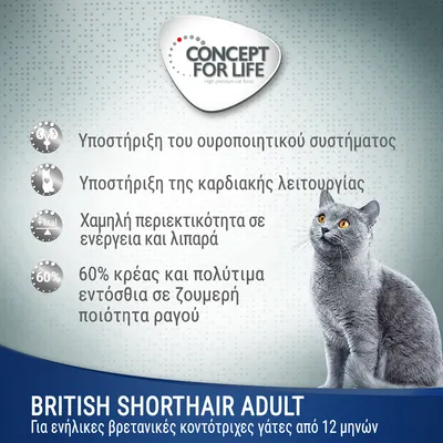 CONCEPT FOR LIFE. Υποστήριξη ουροποιητικού, καρδιακής λειτουργίας, χαμηλή ενέργεια και λιπαρά, 60% κρέας. BRITISH SHORTHAIR ADULT για ενήλικες βρετανικές κοντότριχες γάτες από 12 μηνών.