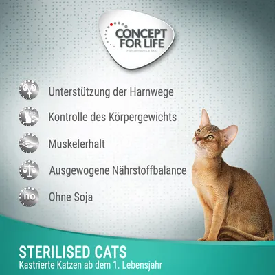 Concept for Life Sterilised Cats. Unterstützung der Harnwege, Kontrolle des Körpergewichts, Muskelerhalt, ausgewogene Nährstoffbalance, ohne Soja. Für kastrierte Katzen ab dem 1. Lebensjahr. Concept for Life Sterilised Cats. Unterstützung der Harnwege, Kontrolle des Körpergewichts, Muskelerhalt, ausgewogene Nährstoffbalance, ohne Soja. Für kastrierte Katzen ab dem 1. Lebensjahr.