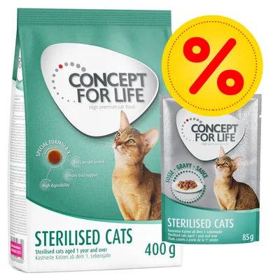 Pienso y sobre de comida para gatos esterilizados Concept for Life, texto visible: Sterilised Cats, 400 g y 85 g. Símbolo de porcentaje en círculo amarillo. Pienso y sobre de comida para gatos esterilizados Concept for Life, texto visible: Sterilised Cats, 400 g y 85 g. Símbolo de porcentaje en círculo amarillo.
