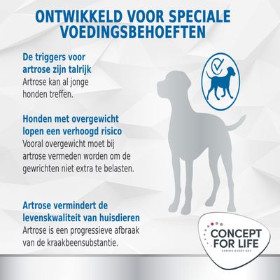 Ontwikkeld voor speciale voedingsbehoeften. Triggers voor artrose zijn talrijk, honden met overgewicht lopen verhoogd risico, artrose vermindert levenskwaliteit. Concept for Life.