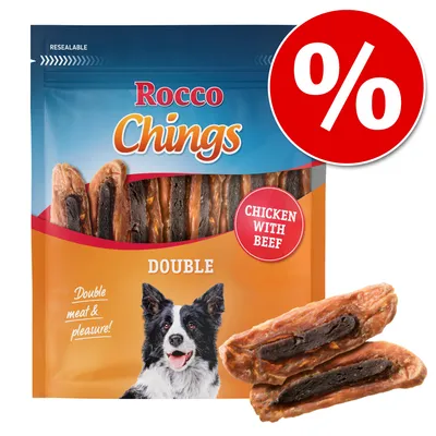 Rocco Chings Double, kyckling med nötkött. Hundgodis med dubbel köttsmak. Förpackningen visar produkten och en border collie. Procenttecken för rabatt synligt.