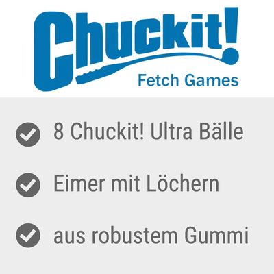 Chuckit! Fetch Games. 8 Chuckit! Ultra Bälle, Eimer mit Löchern, aus robustem Gummi.