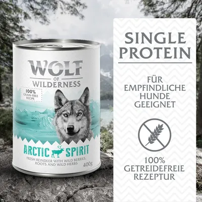 Wolf of Wilderness Arctic Spirit Hundefutter, 400g Dose, Single Protein, geeignet für empfindliche Hunde, 100% getreidefreie Rezeptur.