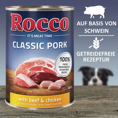 Rocco Classic Pork Nassfutter, 400g Dose. Auf Basis von Schwein, mit Rind und Huhn. Getreidefreie Rezeptur, 100% frische Zutaten.