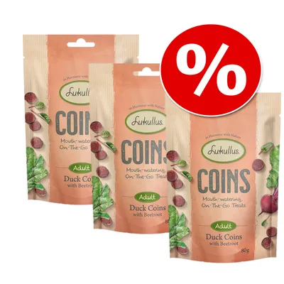 Lukullus Coins Adult Duck Coins med rødbede, 80g. Bidestørrelse snacks til udflugter. Rabatsymbol med procenttegn.