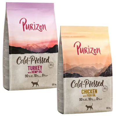 Purizon Cold-Pressed Katzenfutter, Sorten: Turkey mit Hanföl und Chicken mit Fischöl, 2,5 kg. 90% tierische Zutaten, 10% Gemüse, 0% Getreide.