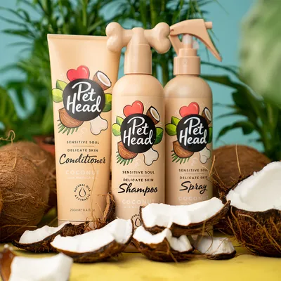 Pet Head Sensitive Soul szampon, odżywka i spray do delikatnej skóry z kokosem i olejem marula. Naturalne ekstrakty dla wrażliwej skóry.