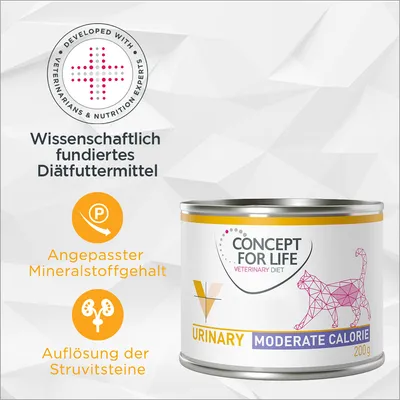 CONCEPT FOR LIFE Veterinary Diet URINARY MODERATE CALORIE 200g, texte en allemand : aliment diététique, teneur minérale adaptée, dissolution des calculs de struvite. CONCEPT FOR LIFE Veterinary Diet URINARY MODERATE CALORIE 200g, texte en allemand : aliment diététique, teneur minérale adaptée, dissolution des calculs de struvite.